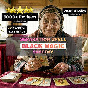 May include: An older woman wearing a headscarf and jewellery is holding tarot cards. The image includes text that reads "Separation Spell, Black Magic, Same Day," along with "5000+ Reviews" and "38+ Years of Experience."