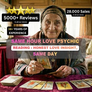 May include: An elderly woman with a headscarf and jewelry is holding tarot cards. The image includes text that reads "5000+ Reviews", "38+ YEARS OF EXPERIENCE", and "SAME HOUR LOVE PSYCHIC READING: HONEST LOVE INSIGHT, SAME DAY". The image also includes the text "28.000 Sales".