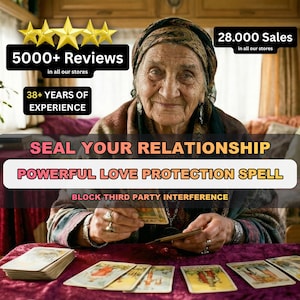 Puede incluir: Una persona mayor con pañuelo y chal estampados sostiene cartas del tarot sobre una superficie de terciopelo morado con varias cartas extendidas. Los textos incluyen 5000+ Reviews, 28.000 Sales, 38+ YEARS OF EXPERIENCE, SEAL YOUR RELATIONSHIP, POWERFUL LOVE PROTECTION SPELL y BLOCK THIRD PARTY INTERFERENCE.