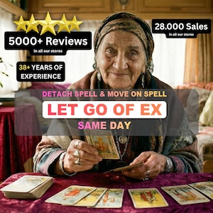 May include: An elderly woman with a headscarf smiles, holding tarot cards. Text overlays read "5000+ Reviews," "38+ YEARS OF EXPERIENCE," "28.000 Sales," and "LET GO OF EX SAME DAY." Several tarot cards are laid out on a red surface.