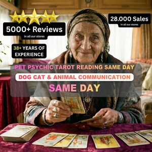 Puede incluir: Una mujer mayor con un pañuelo en la cabeza y joyas sostiene cartas del tarot. La imagen incluye el texto "5000+ Reviews", "38+ YEARS OF EXPERIENCE" y "PET PSYCHIC TAROT READING SAME DAY". Texto adicional dice "DOG CAT & ANIMAL COMMUNICATION SAME DAY".