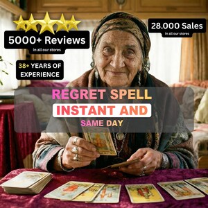Pode incluir: Uma mulher idosa segurando cartas de tarô, com o texto "REGRET SPELL INSTANT AND SAME DAY." Texto adicional inclui "5000+ Reviews" e "38+ YEARS OF EXPERIENCE." A imagem também mostra "28.000 Sales."
