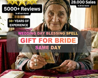 Könnte beinhalten: Eine ältere Frau mit Kopftuch und Schmuck hält Tarotkarten, weitere Karten liegen auf einem Tisch. Der Text lautet "Wedding Day Blessing Spell, Gift for Bride, Same Day." Zusätzlicher Text zeigt "5000+ Reviews" und "28.000 Sales."
