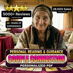 May include: An elderly person wearing a patterned headscarf and layered necklaces sits behind a table with tarot cards. Text overlays include 5000+ Reviews, 28.000 Sales, 38+ YEARS OF EXPERIENCE, and PERSONAL READING & GUIDANCE COUPLE CONNECTION PERSONALIZED PDF.