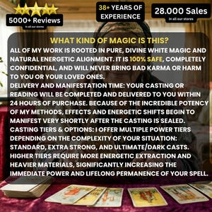 K&ouml;nnte beinhalten: Ein Tarot-Lesebild mit Karten auf einem Tisch. Text enth&auml;lt "5000+ Reviews", "38+ YEARS OF EXPERIENCE" und "28.000 Sales". Der Haupttext fragt "WHAT KIND OF MAGIC IS THIS?" und beschreibt die angebotenen Dienstleistungen.