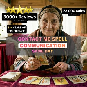 Może przedstawiać: Starsza kobieta w chuście i biżuterii trzyma karty tarota, otoczona innymi kartami na stole. Tekst zawiera "5000+ Reviews", "38+ YEARS OF EXPERIENCE" i "CONTACT ME SPELL COMMUNICATION SAME DAY". Obraz ma ciepły, zachęcający ton.