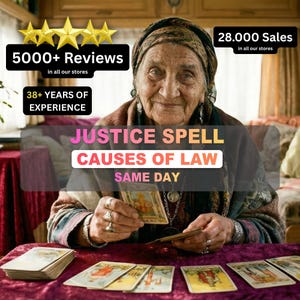 May include: An elderly woman with a headscarf and jewelry is holding tarot cards. Text on the image reads "5000+ Reviews", "38+ YEARS OF EXPERIENCE", "JUSTICE SPELL CAUSES OF LAW SAME DAY", and "28.000 Sales".