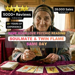 May include: An elderly woman with a headscarf smiles while holding tarot cards. The image includes text that reads "5000+ Reviews", "38+ YEARS OF EXPERIENCE", and "SAME HOUR LOVE PSYCHIC READING SOULMATE & TWIN FLAME SAME DAY".