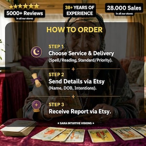 K&ouml;nnte beinhalten: Ein Bild mit Text, der die Bestellung eines Dienstes erkl&auml;rt. Die Schritte sind: Service ausw&auml;hlen, Details &uuml;ber Etsy senden und einen Bericht erhalten. Das Bild zeigt auch Text mit "5000+ Reviews", "38+ YEARS OF EXPERIENCE" und "28.000 Sales".