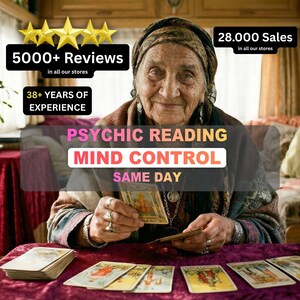 May include: An elderly woman with a headscarf smiles while holding tarot cards. The image includes text that reads "PSYCHIC READING MIND CONTROL SAME DAY", "5000+ Reviews", "38+ YEARS OF EXPERIENCE", and "28.000 Sales". Several tarot cards are laid out on a purple surface.