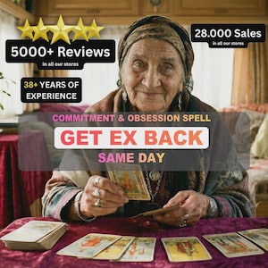 May include: An older woman wearing a headscarf is holding tarot cards, with more cards on a purple table. The image includes text that reads "5000+ Reviews", "38+ YEARS OF EXPERIENCE", and "GET EX BACK SAME DAY".