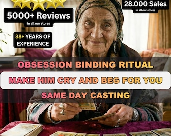 May include: An elderly person wearing a headscarf and patterned shawl, holding tarot cards over a table with a spread of cards. Text overlays include 5000+ Reviews, 28.000 Sales, 38+ Years of Experience, and Obsession Binding Ritual Make Him Cry and Beg for You Same Day Casting.