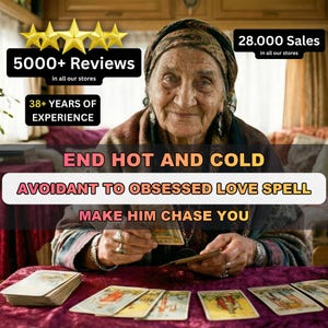 Op de afbeelding: Een ouder persoon met een hoofddoek en sjaal met patroon houdt tarotkaarten vast boven een paars fluwelen oppervlak met meerdere kaarten verspreid. Tekstoverlays bevatten 5000+ Reviews, 28.000 Sales, 38+ YEARS OF EXPERIENCE en End Hot and Cold Avoidant to Obsessed Love Spell Make Him Chase You.