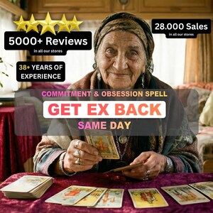 May include: An older woman wearing a headscarf and jewellery is holding tarot cards. The image includes text that reads "5000+ Reviews", "38+ YEARS OF EXPERIENCE", "GET EX BACK SAME DAY", and "28.000 Sales". The cards are laid out on a purple surface.
