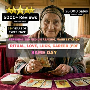 May include: An elderly woman holding tarot cards, with several decks on a table. The image includes text: "5000+ Reviews", "38+ YEARS OF EXPERIENCE", and "PERSONALIZED MEDIUM READING, MANIFESTATION, RITUAL, LOVE, LUCK, CAREER (PDF) SAME DAY."