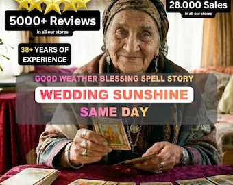 Könnte beinhalten: Eine ältere Frau mit Kopftuch lächelt und hält Tarotkarten. Das Bild enthält Text mit der Aufschrift "5000+ Reviews", "38+ YEARS OF EXPERIENCE", "28.000 Sales" und "WEDDING SUNSHINE SAME DAY". Tarotkarten liegen auf einem Tisch.