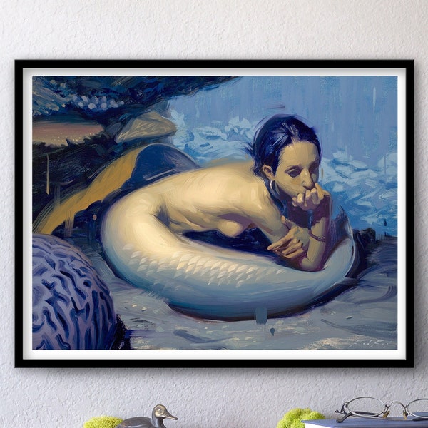 Shadowy Deep II, Mermaid - Print of Original Oil Painting, Fantasy Fine Art Home Wall Decor