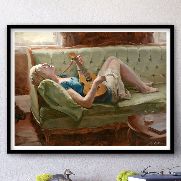 Ukulele Girl - Print of Original Oil Figure Painting, Figurative Art, Transcendent Feeling Music Emotion, Fine Home Wall Decor