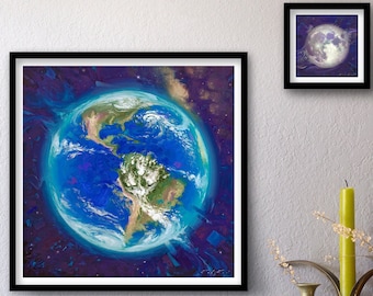Overview Effect - Earth and Moon to scale - Prints of Original Oil Paintings, Space Art, Fine Home Wall Decor