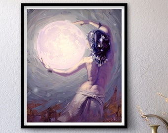 Moon Embrace - Print of Original Oil Painting, Space Art, Mysterious Moon, Figurative Fantasy Fine Home Wall Decor