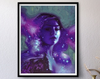 Stardust VI - Print of Original Oil Painting, Outer Space Art, Mysterious Astronaut Fantasy Fine Home Wall Decor