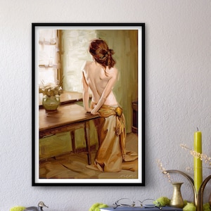 At the Window Print of Original Oil Figure Painting, Nude Figurative Art, Standing Woman Girl Fine Home Wall Decor image 1