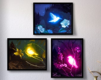 Reason, Compassion, and Hope - Set of 3 Prints of Original Oil Paintings, Glowing Bioluminescent Birds, Animal Fine Art, Home Wall Decor