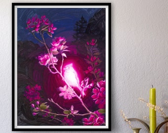 Bioluminescence : Altruism - Print of Original Oil Painting, Glowing Light Bird, Animal Fine Art, Home Wall Decor