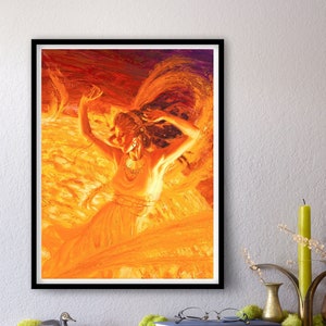 May include: A painting of a woman with long flowing hair, dancing in a fiery orange and yellow landscape. The woman is wearing a long flowing dress and has a necklace around her neck.