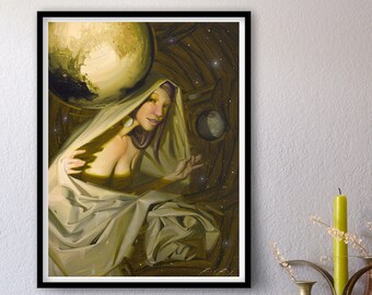 Pluto Unveiled - Print of Original Oil Figure Painting, Outer Space Art, Visionary Astronaut Fantasy Fine Home Wall Decor