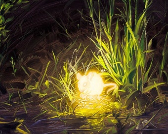 Bioluminescence VI - Print of Original Oil Painting, Glowing Light Bird, Animal Fine Art, Home Wall Decor