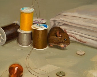 House Mouse - Impresión de pintura al óleo original, lindo ratón, bellas artes animales, costura, decoración de paredes para el hogar