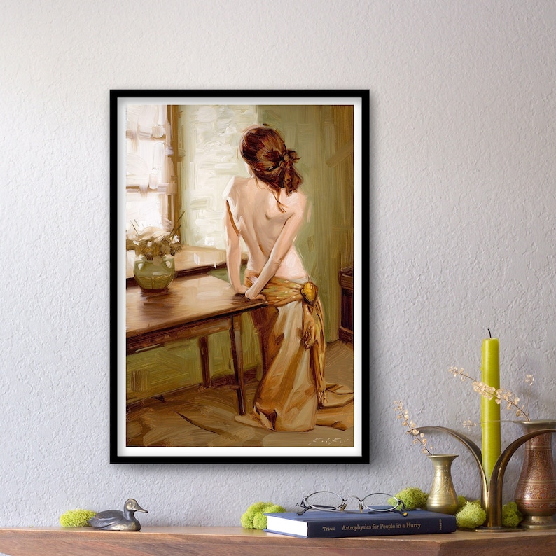 At the Window Print of Original Oil Figure Painting, Nude Figurative Art, Standing Woman Girl Fine Home Wall Decor image 1