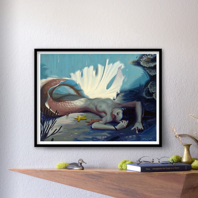 Shadowy Deep III, Mermaid Print of Original Oil Painting, Fantasy Fine Art Home Wall Decor image 1