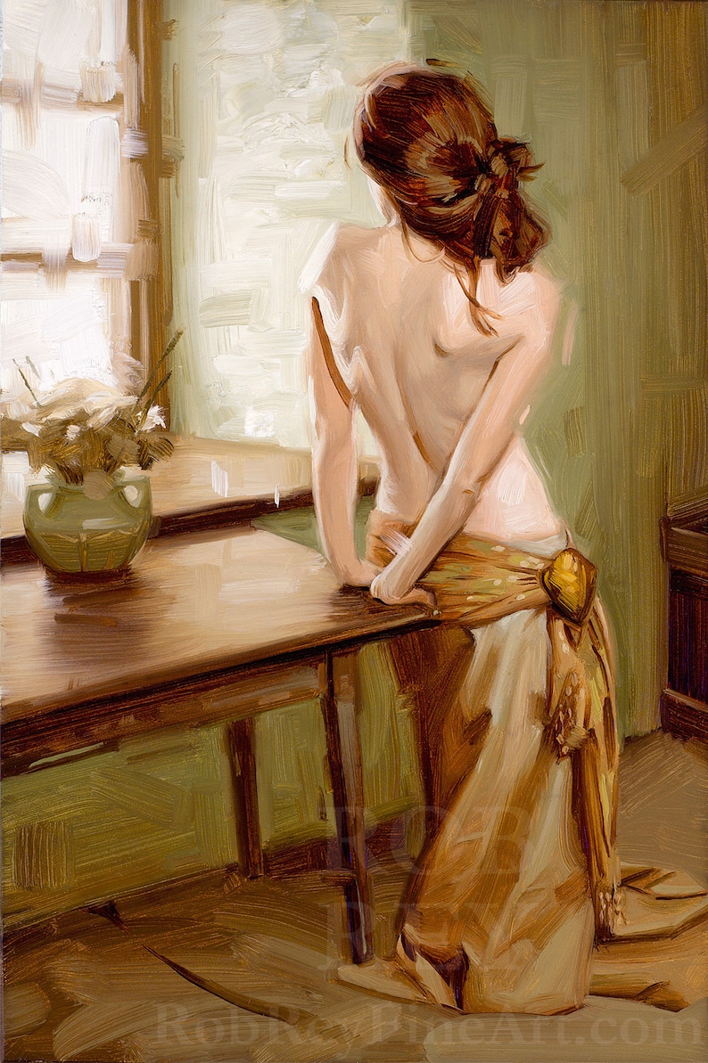At the Window Print of Original Oil Figure Painting, Nude Figurative Art, Standing Woman Girl Fine Home Wall Decor image 2