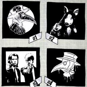 May include: Four black and white iron-on patches. The first patch features a plague doctor with a long beak. The second patch features a pig-like creature with a snout. The third patch features two men in suits pointing guns. The fourth patch features a plague doctor with a long beak and dripping liquid.