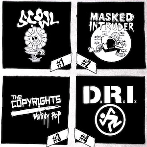 May include: Four black and white band patches with band names and logos. The patches are numbered 1 through 4. Patch #1 features the band name "SCOWL" with a flower graphic. Patch #2 features the band name "MASKED INTRUDER" with a masked figure graphic. Patch #3 features the band name "THE COPYRIGHTS" with the text "MUTINY POP". Patch #4 features the band name "D.R.I." with a stylized graphic.