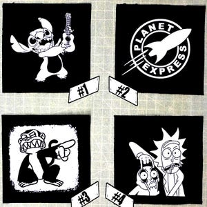 May include: Four black and white iron-on patches. The first patch features a cartoon character playing a guitar. The second patch features a rocket ship with the text "Planet Express". The third patch features a cartoon monkey with a toothy grin. The fourth patch features a cartoon character with spiky hair and a large nose.