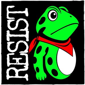 May include: A cartoon frog illustration with the word "RESIST" in white text on a black background. The frog is green with black spots, a red scarf, and a white belly.