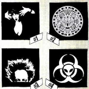 May include: Four black and white iron-on patches. The first patch features a woman with long hair and a dramatic pose. The second patch features a circular design with a face in the center. The third patch features a man with a large afro. The fourth patch features a biohazard symbol with an alien face in the center.