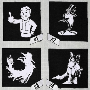 May include: A black and white image collage with four different illustrations. The first image shows a cartoon man with a surprised expression. The second image shows a cartoon frog wearing a top hat. The third image shows a cartoon bird with a bottle in its beak. The fourth image shows a cartoon creature with a pig-like snout.