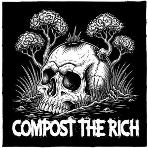 May include: Black and white illustration of a skull emerging from the ground, with small trees and grass around it. The text "COMPOST THE RICH" is at the bottom in bold, white letters.