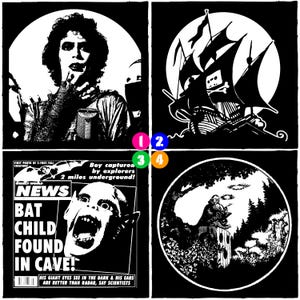 May include: A black and white collage of four circular illustrations. The images include a person, a pirate ship, a newspaper headline that reads "BAT CHILD FOUND IN CAVE!", and a man in a forest. The newspaper headline includes the text "HIS GIANT EYES SEE IN THE DARK & HIS EARS ARE BETTER THAN RADAR, SAY SCIENTISTS."