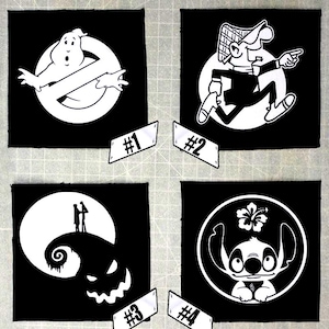 May include: Four black and white square patches with different images. The first patch has a white ghost with a no-ghost symbol. The second patch has a white cartoon man running with a hat and a cane. The third patch has a white silhouette of a couple standing on a hill with a black and white silhouette of a jack-o-lantern. The fourth patch has a white cartoon Stitch character with a flower in the background.