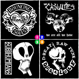 May include: Four black and white punk rock band logos. The top left logo says "BOUNCING SOULS" with a heart and wave design. The top right logo says "THE CASUALTIES" with three wolf heads and the text "we are all we have". The bottom left logo says "SUB HUMANS". The bottom right logo says "D-BEAT RAW PUNK DISCLOSE".