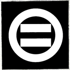 May include: A black and white graphic design with a white circle containing two horizontal white lines.