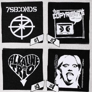 May include: Four black and white patches with band names and logos. The patches are numbered 1 through 4. Patch 1 features the band name "7SECONDS" and a circle with a cross inside. Patch 2 features the band name "THE COPYRIGHTS" and a cassette tape. Patch 3 features the band name "ALKALINE TRIO" and a heart with the band name inside. Patch 4 features the band name "THE SNIFFERS" and a black and white portrait of a woman with her tongue sticking out.