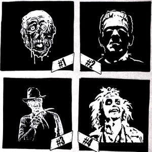 May include: Black and white silhouette images of four horror movie characters. The characters are numbered 1 through 4.  #1 is a zombie, #2 is Frankenstein's monster, #3 is Freddy Krueger, and #4 is the character from Beetlejuice.