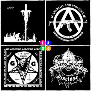 May include: Four black and white graphic designs. One features a crucifixion scene with the band name "AMEBIX". Another shows a rifle inside a circle with the words "ANARCHY AND VIOLENCE". The third design has a pentagram and the text "I'M YOUR ENEMY". The last design says "disclose".