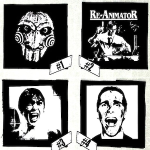 May include: Four black and white images of horror movie characters. The first image is of a mask with a red and white pattern. The second image is of a man in a lab coat with the text "Re-Animator". The third image is of a man with a shocked expression. The fourth image is of a man with a shocked expression.